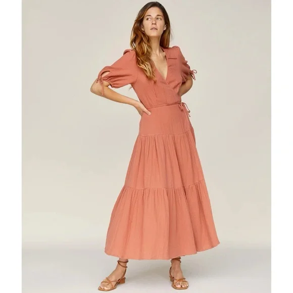 Christy Dawn The Augusta Midi Dress (Sz S) Short Puff Tie Sleeve Wrap Rust - Picture 3 of 16